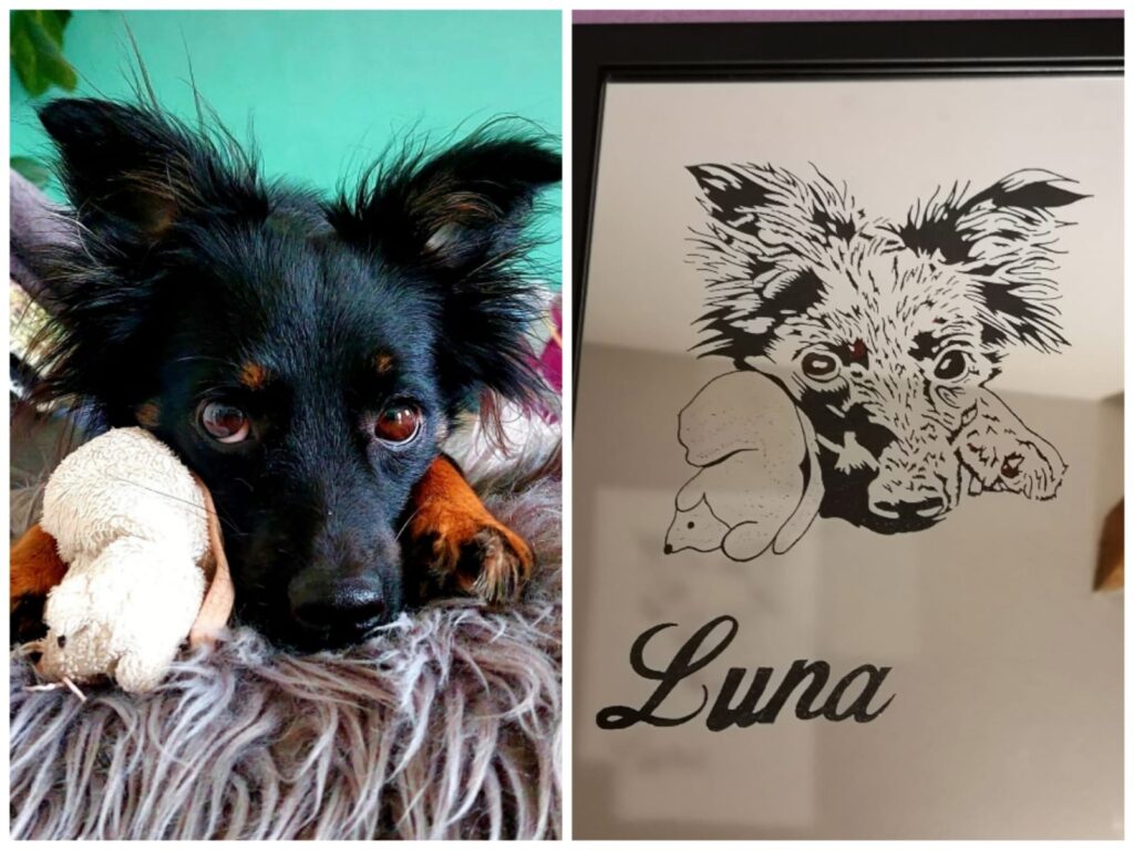 Spiegelgravur von einem kleinen Hund